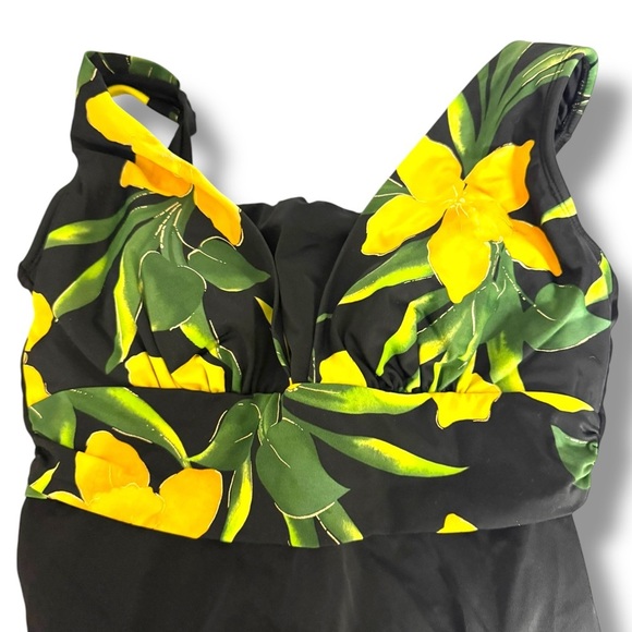 Vtg 90s Yellow/Black Floral V-Neck High Leg One Piece Swimsuit Large 12 - Picture 3 of 7